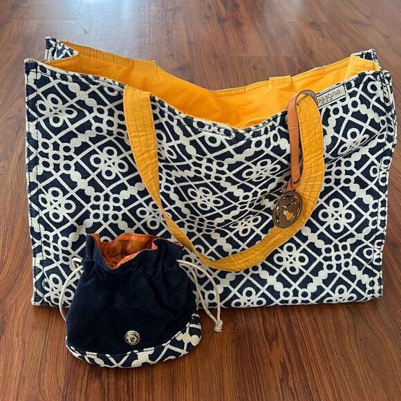 Spartina 449  Large blue and yellow gold tote with matching velvet pouch - Picture 1 of 8